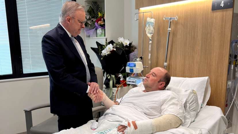 Australia's Prime Minister Anthony Albanese visits Ahmed al Ahmed at the hospital, in Sydney