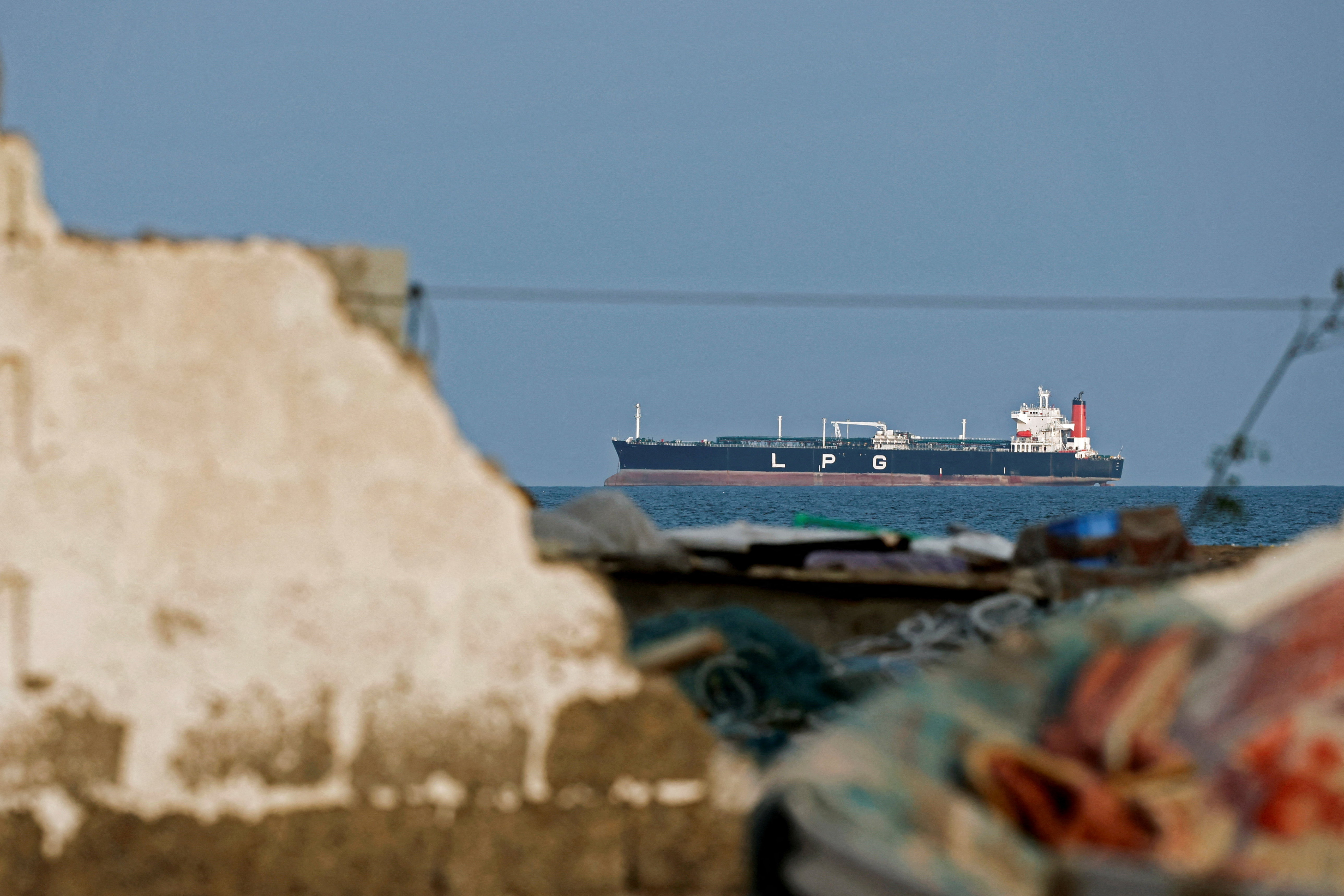 An LPG gas tanker at anchor as traffic is down in the Strait of Hormuz, in Shinas