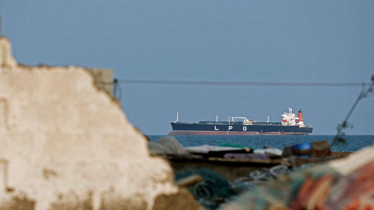 An LPG gas tanker at anchor as traffic is down in the Strait of Hormuz, in Shinas
