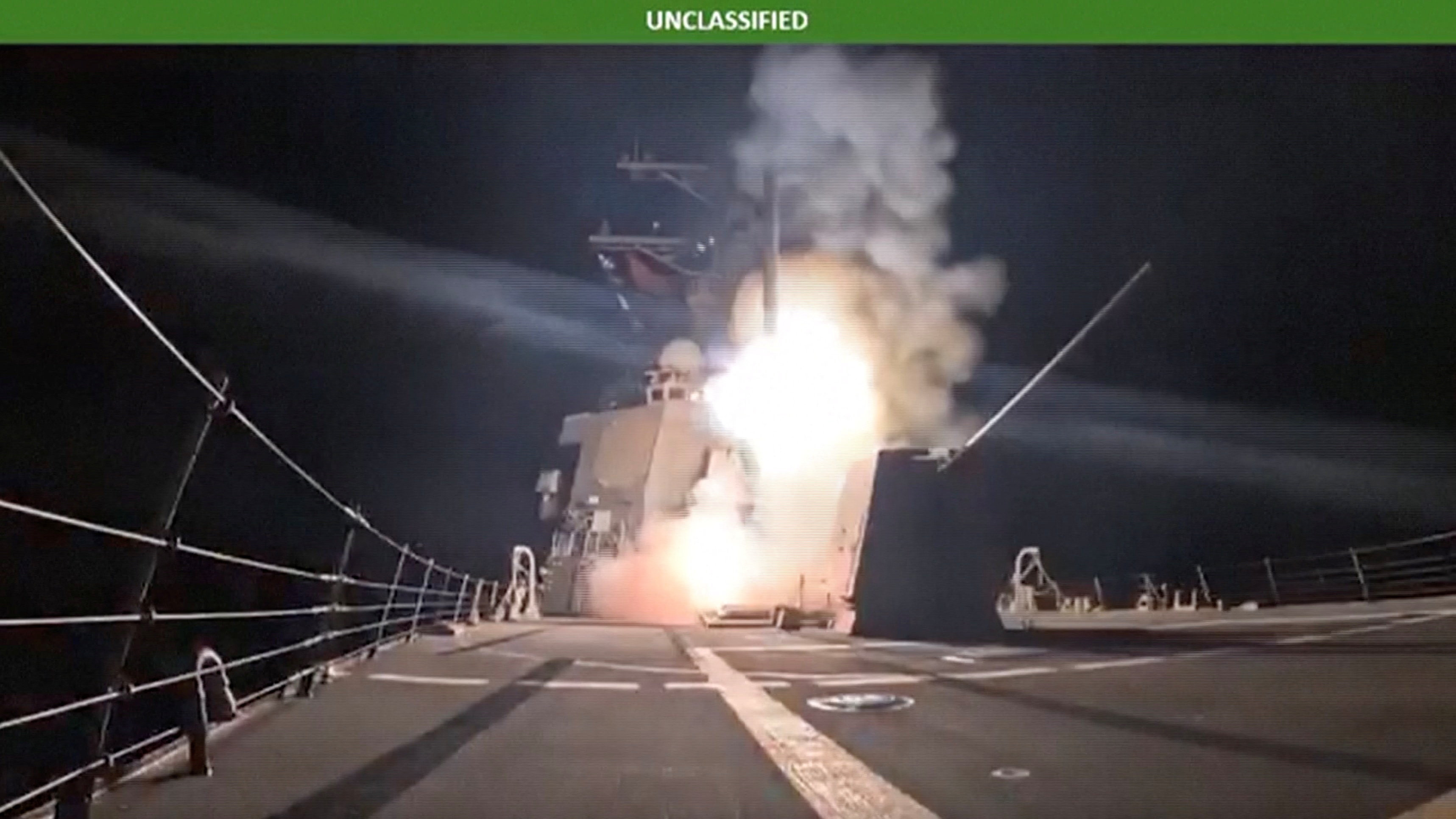 A missile is launched from a military vessel at an unidentified location