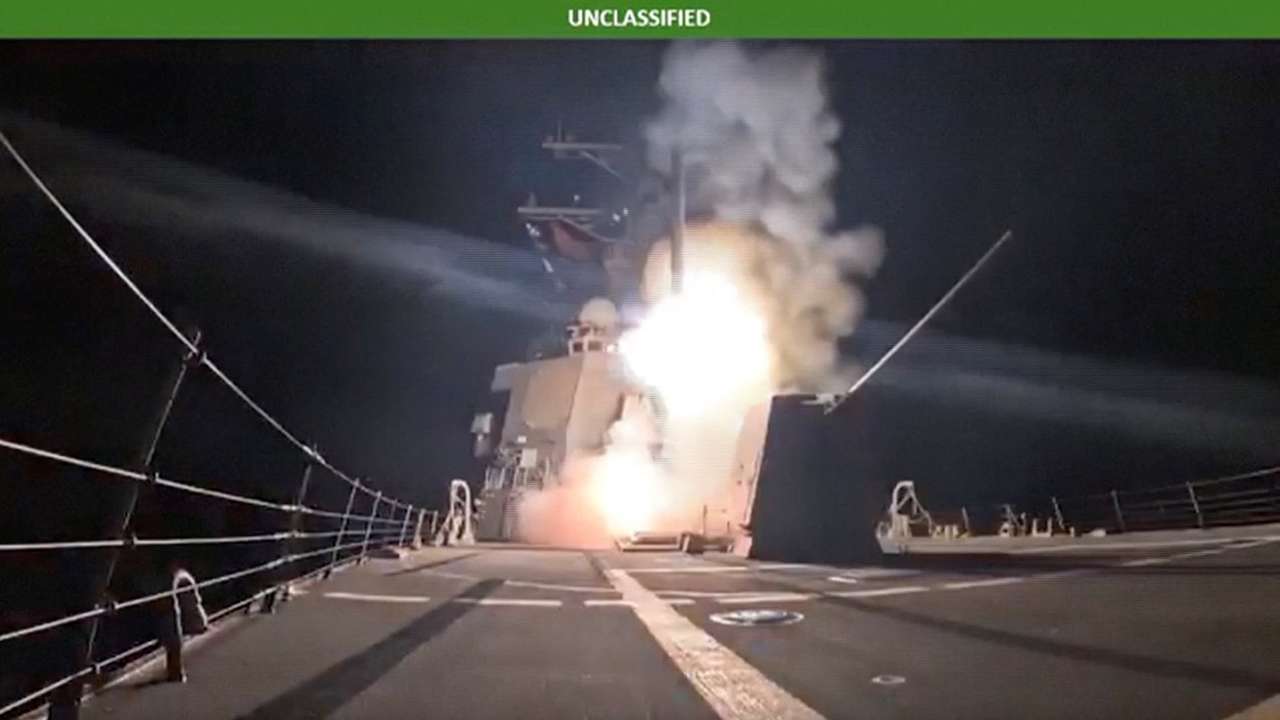 A missile is launched from a military vessel at an unidentified location