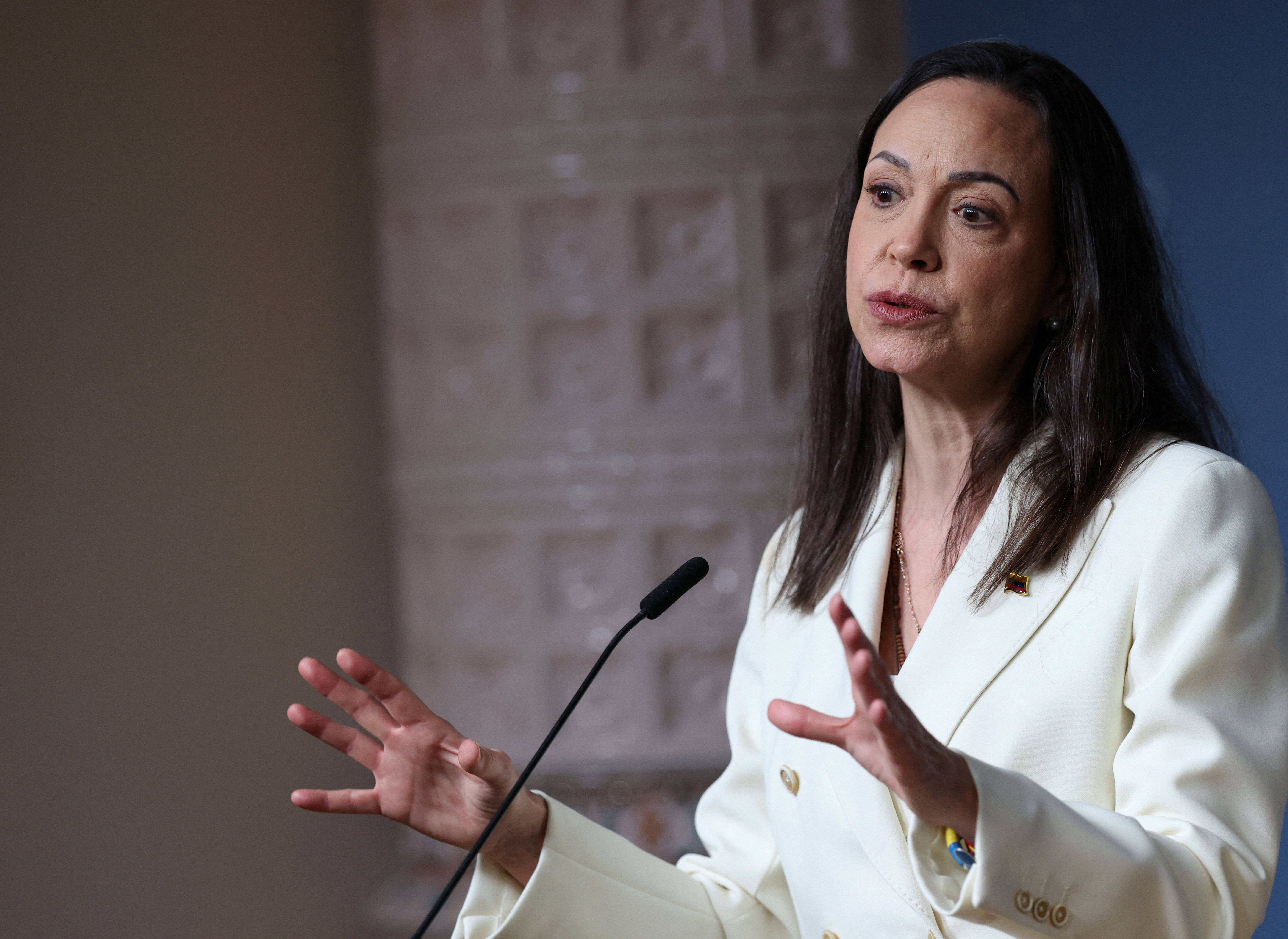 Nobel Peace Prize laureate and Venezuelan opposition leader Maria Corina Machado speaks during a press conference in Oslo