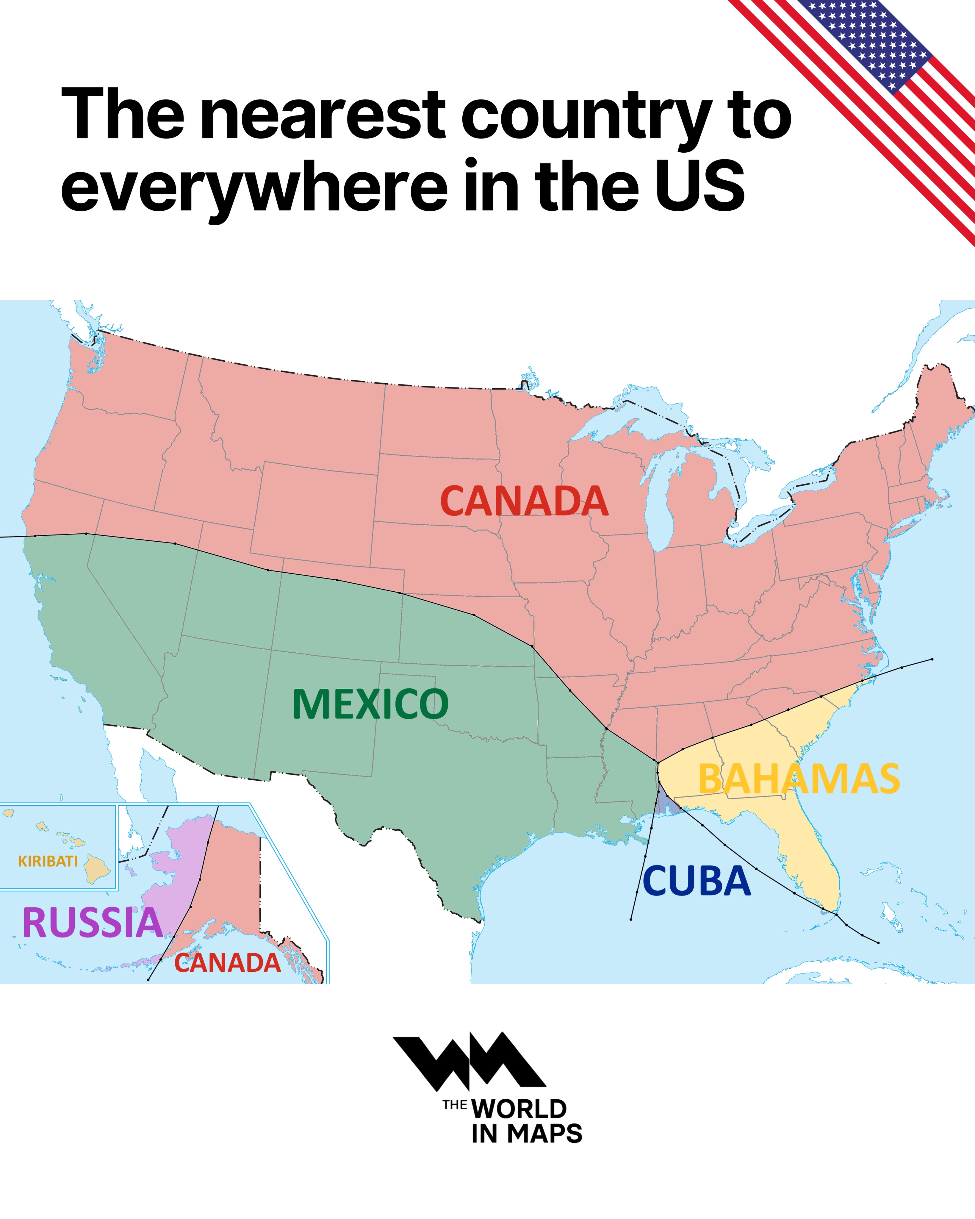 Canada and Mexico are the closest foreign countries to most of the United States