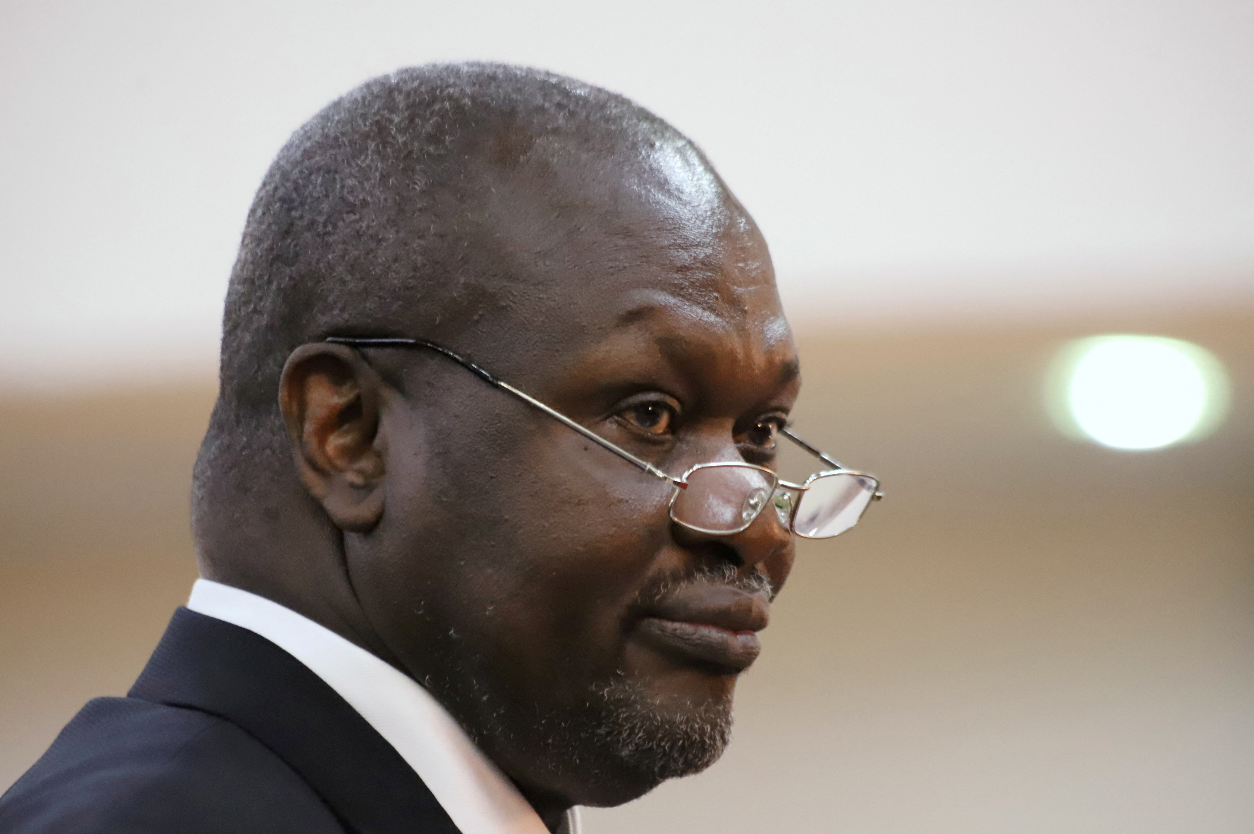 FILE PHOTO: South Sudan's First Vice President Riek Machar takes the oath of office at the State House in Juba