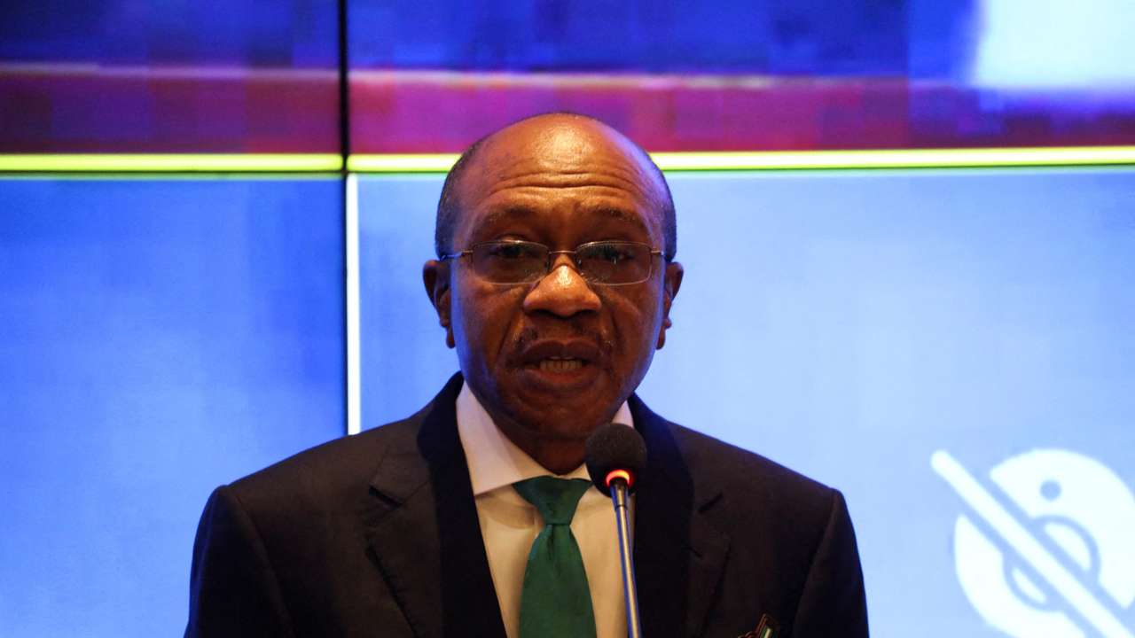 FILE PHOTO: Former Central Bank Governor Godwin Emefiele speaks during the launch of the new Nigerian currency in Abuja