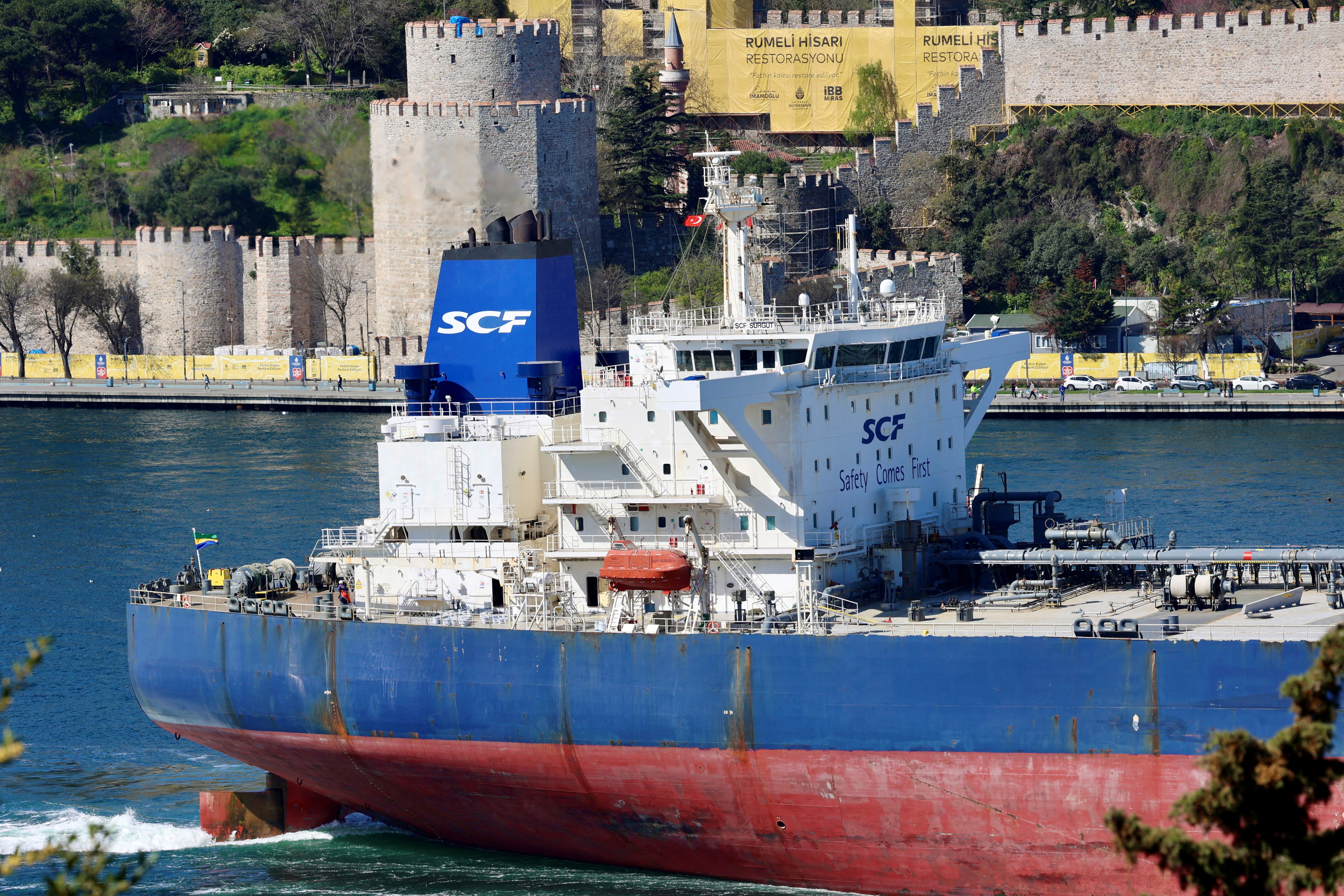 FILE PHOTO: Crude oil tanker SCF Surgut, owned by Russia's leading tanker group Sovcomflot, transits Istanbul's Bosphorus