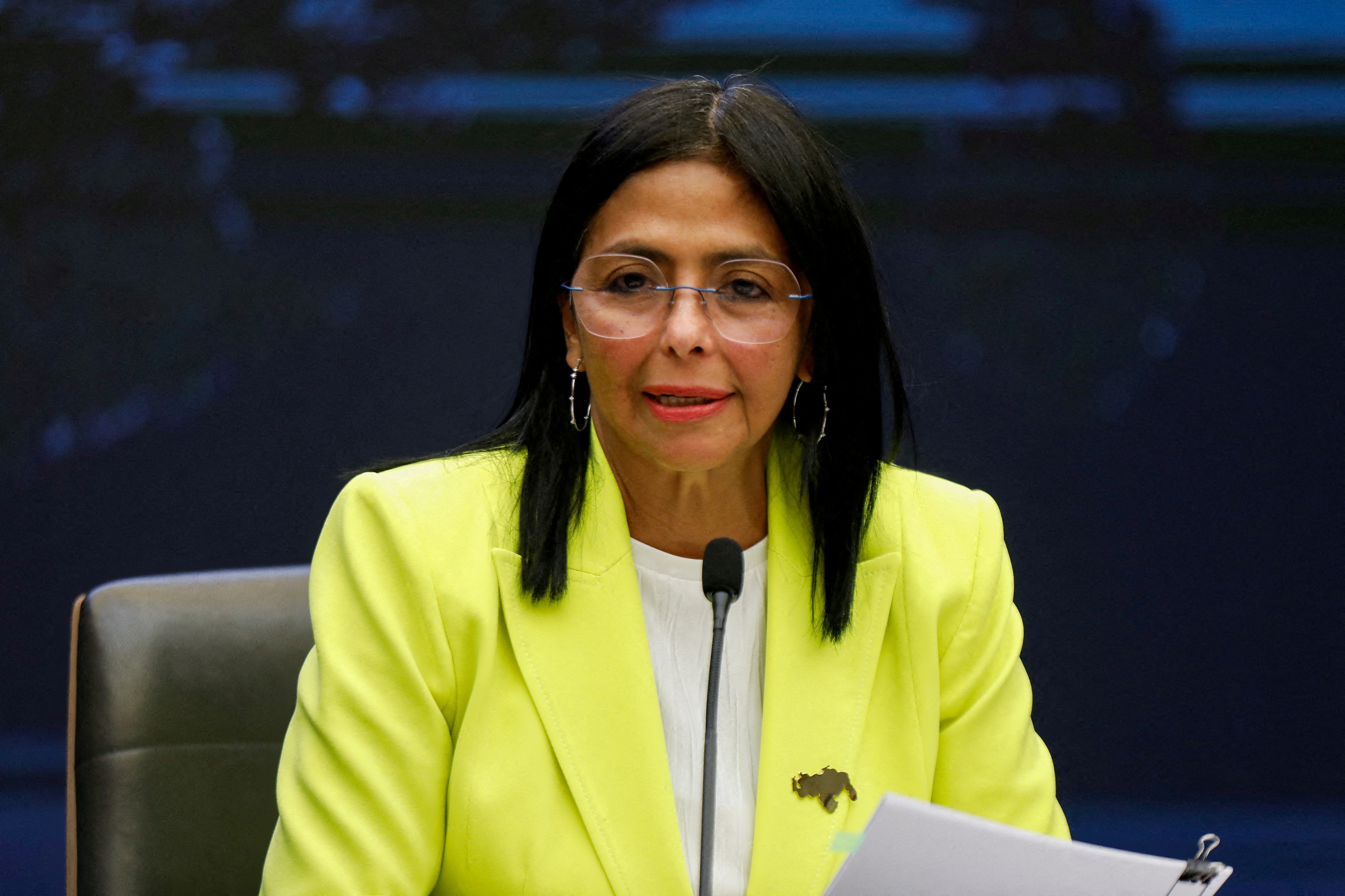 FILE PHOTO: FILE PHOTO: Venezuela's Vice-President and Oil Minister Delcy Rodriguez addresses the media in Caracas