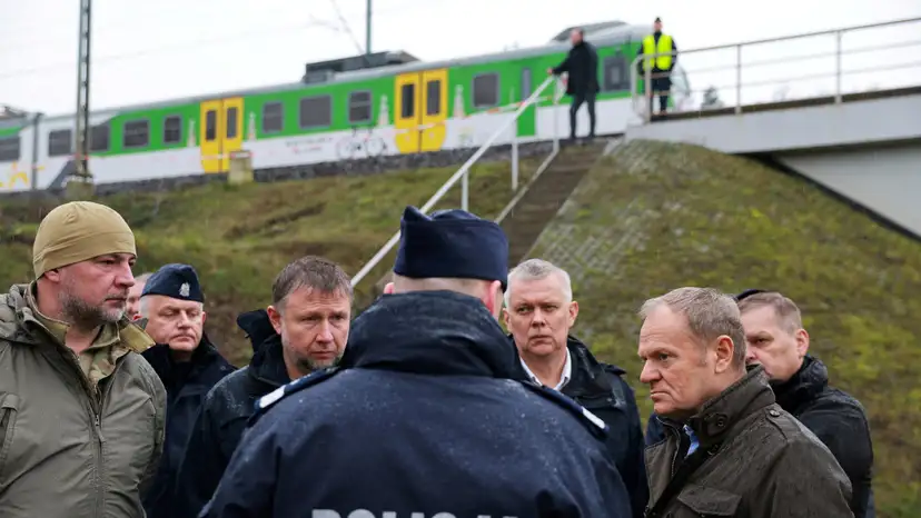 FILE PHOTO: Polish PM Tusk visits blast site on railways of Warsaw-Lublin line in Mika