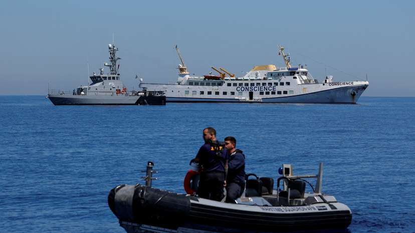 FILE PHOTO: The damaged Gaza Freedom Flotilla vessel “Conscience” is seen anchored at sea outside Maltese territorial waters