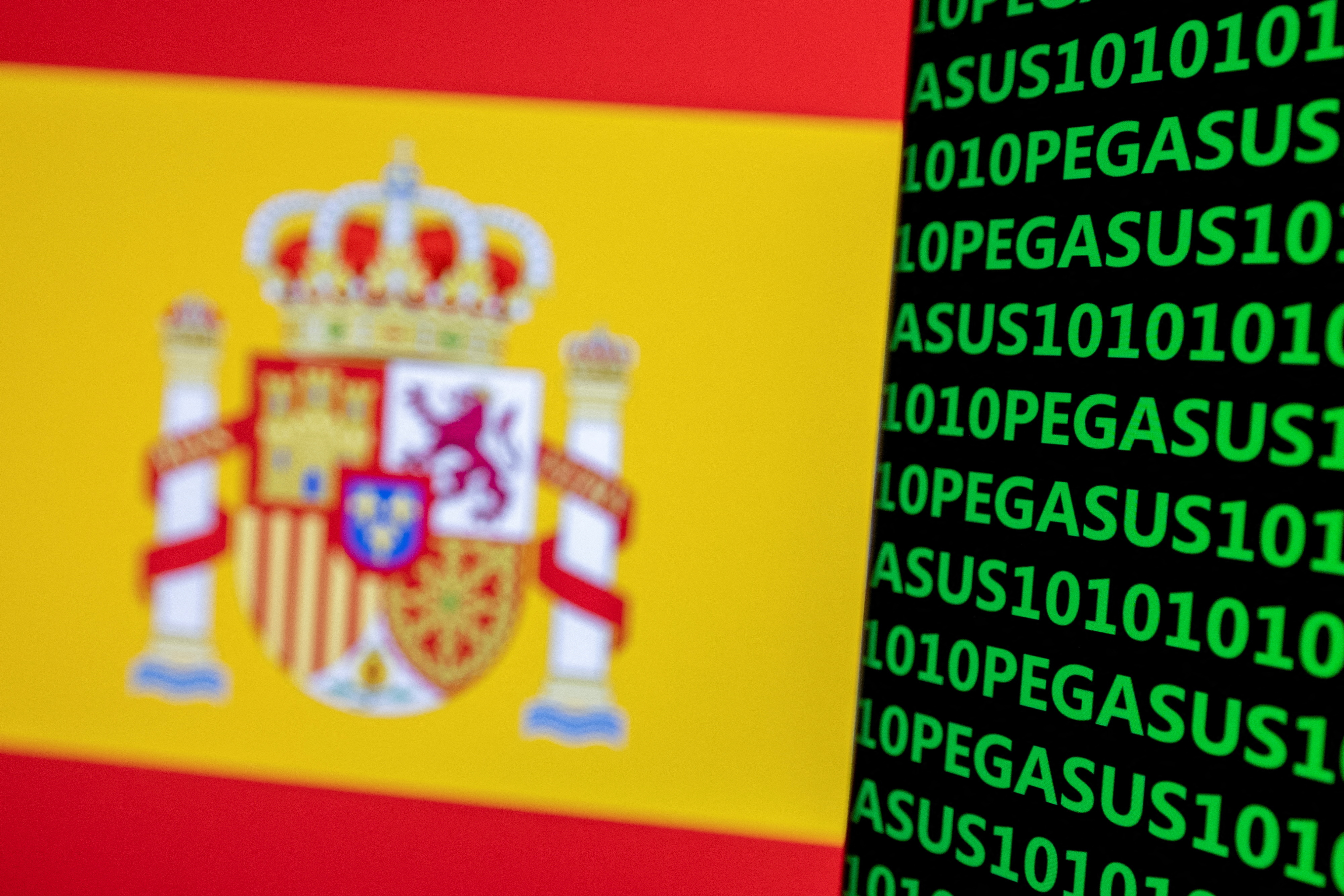 FILE PHOTO: Illustration shows word Pegasus, binary codes and Spanish flag