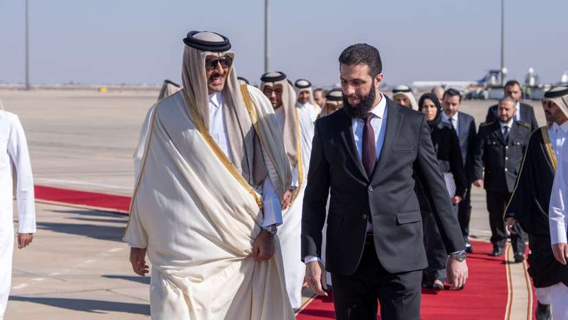 Syria's newly appointed president for a transitional phase Ahmed al-Sharaa receives Emir of Qatar Sheikh Tamim bin Hamad Al Thani in Damascus, Syria