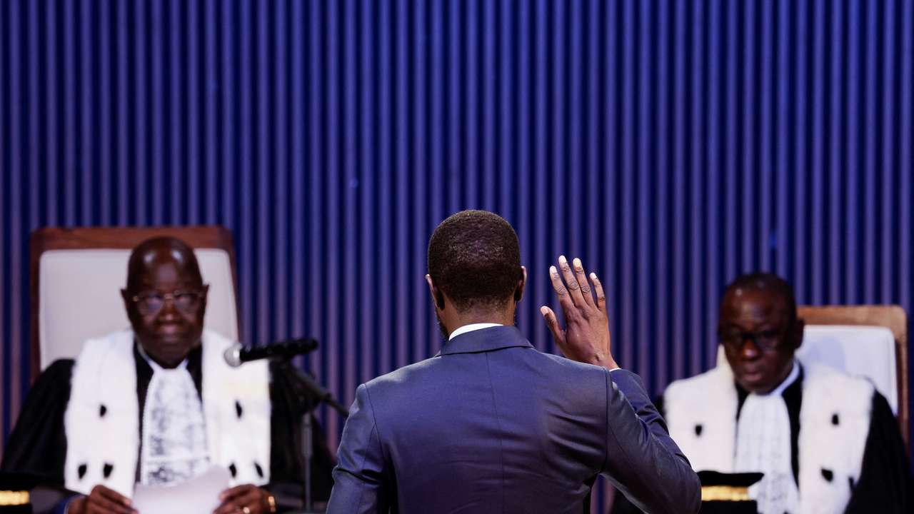Senegal's Newly elected President Bassirou Diomaye Faye takes the oath of office as president during the inauguration ceremony in Dakar
