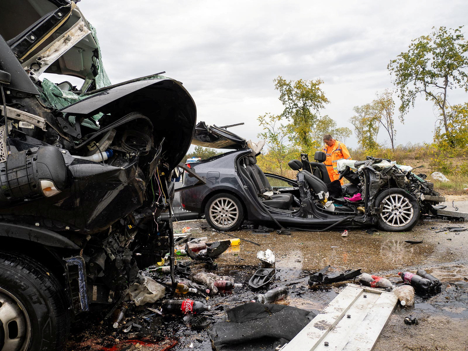 A crashed car carrying migrants in Hungary