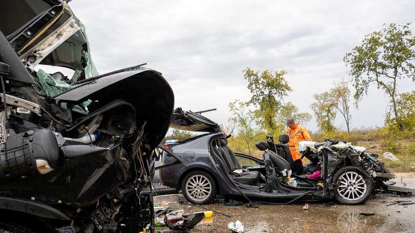 A crashed car carrying migrants in Hungary
