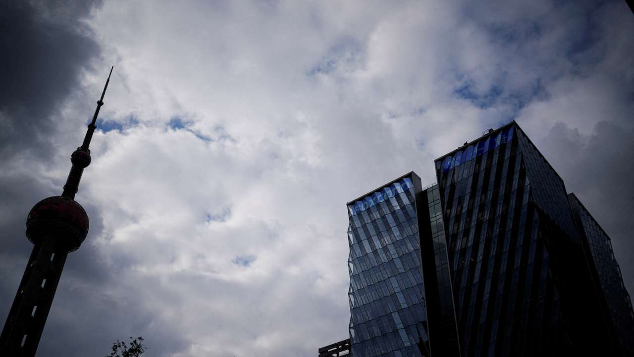 FILE PHOTO: The building of Shanghai Foxconn headquarters is pictured at the Lujiazui financial district of Pudong amid the COVID-19 outbreak in Shanghai