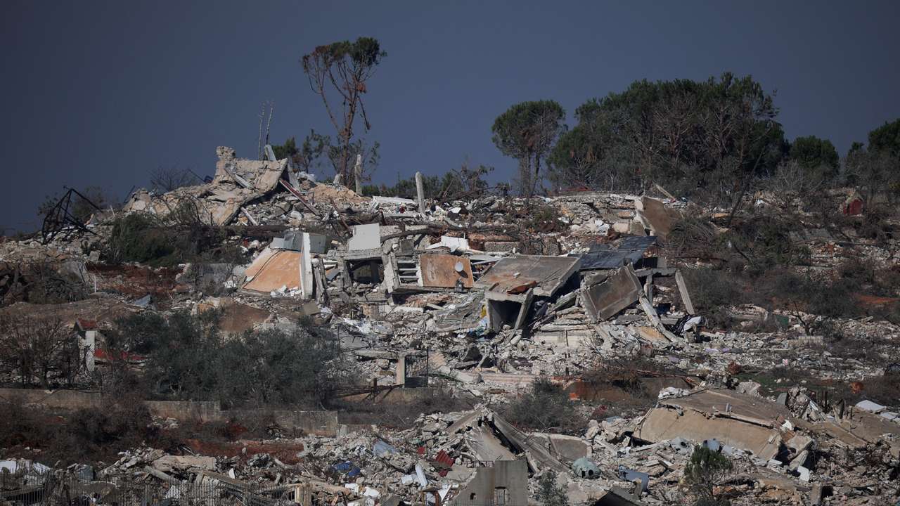 Buildings lie in ruin in Lebanon, as seen from Metula