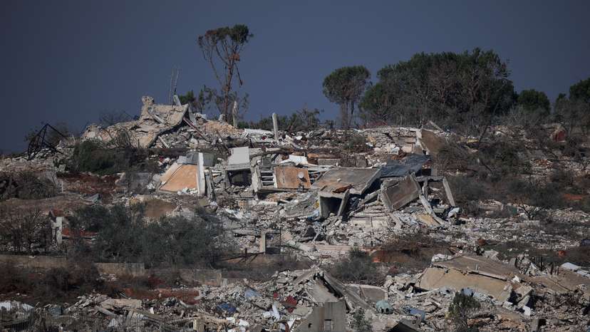 Buildings lie in ruin in Lebanon, as seen from Metula
