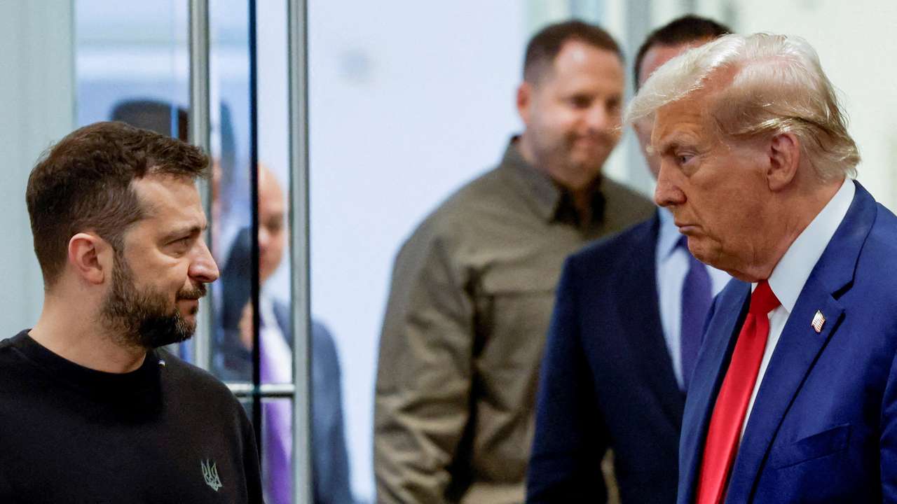 FILE PHOTO: Republican presidential nominee and former U.S. President Donald Trump and Ukraine's President Volodymyr Zelenskiy meet in New York