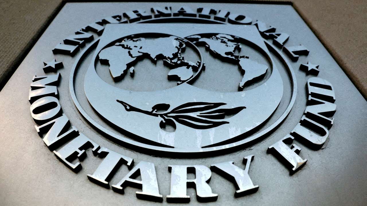 The IMF logo is seen outside the headquarters building in Washington