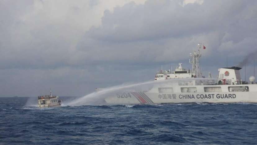 Chinese Coast Guard ship uses water cannon against a Filipino resupply vessel