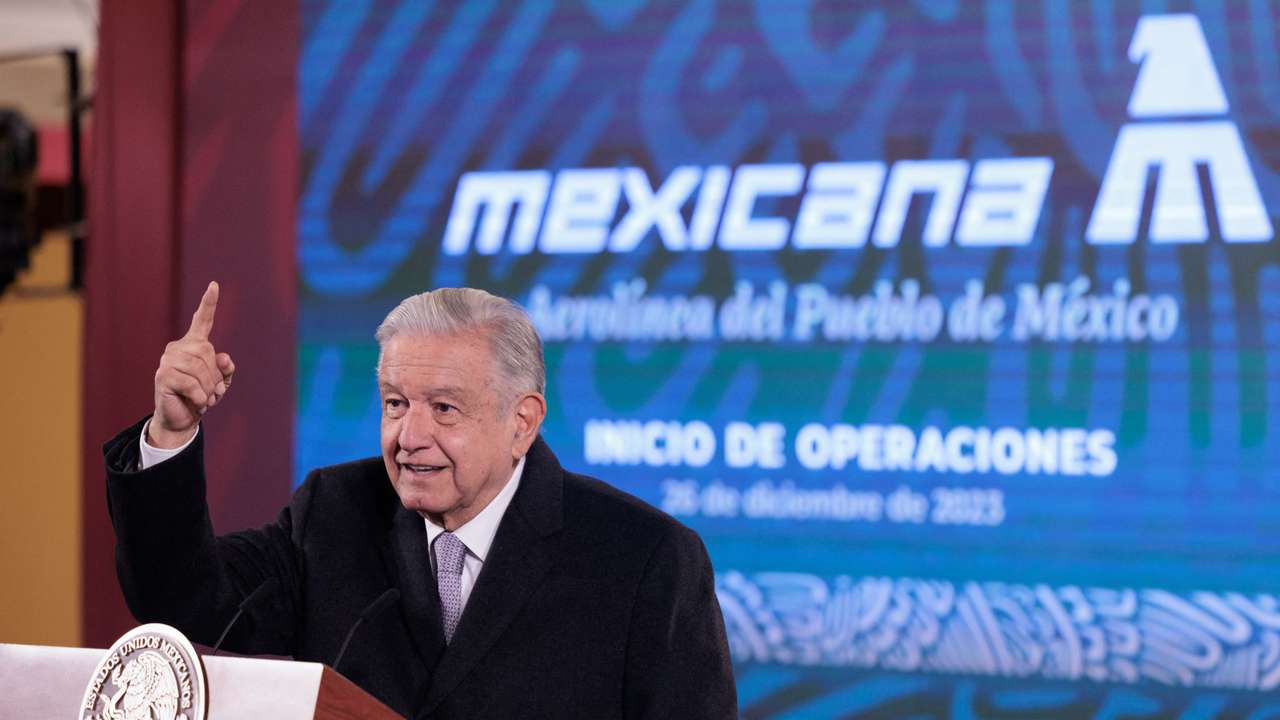 Mexico President Andres Manuel Lopez Obrador gestures during a news conference as his government re-launched former state airline Mexicana de Aviacion, in Mexico City