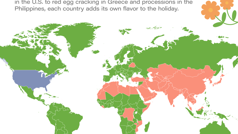 This map illustrates the status of Easter as a public holiday around the world. Countries marked in green officially recognize Easter as a public holiday, meaning it is a nationwide day off work. Those colored in