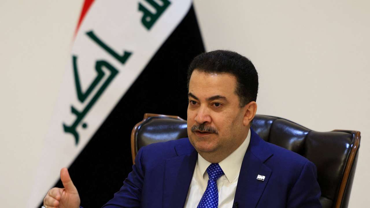 Iraqi Prime Minister Mohammed Shia al-Sudani speaks during an interview with Reuters in Baghdad