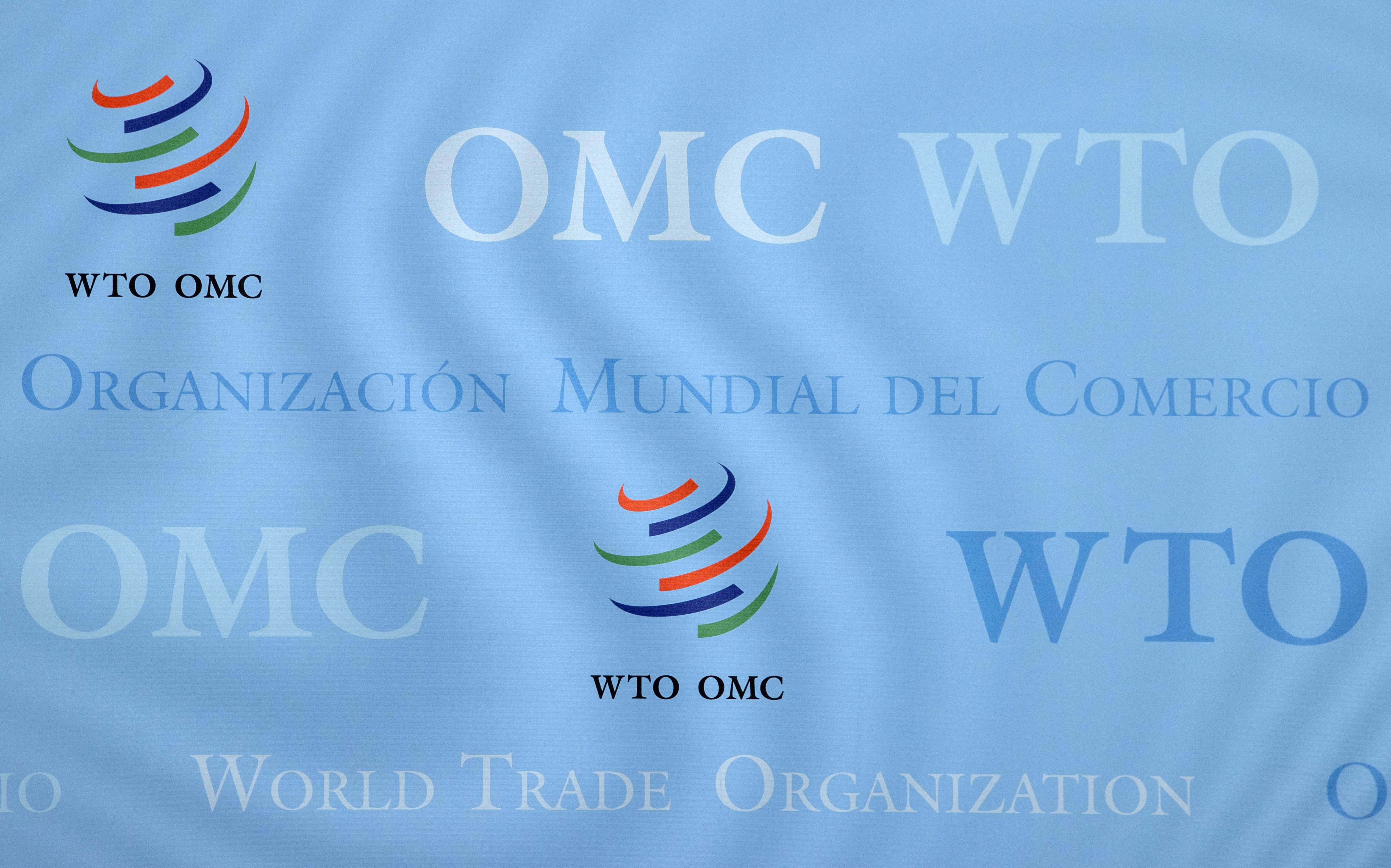 A logo is seen at the WTO in Geneva
