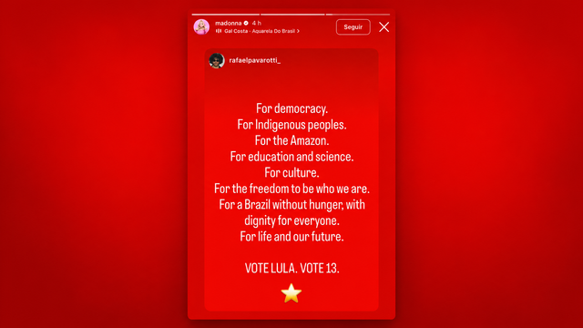 Madonna publicou mensagem de um fotógrafo brasileiro que defende o voto em Lula.