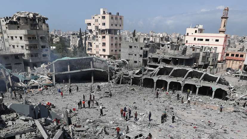 Damage at the Dar Al-Arqam school, where displaced people shelter, after it was hit by an Israeli strike