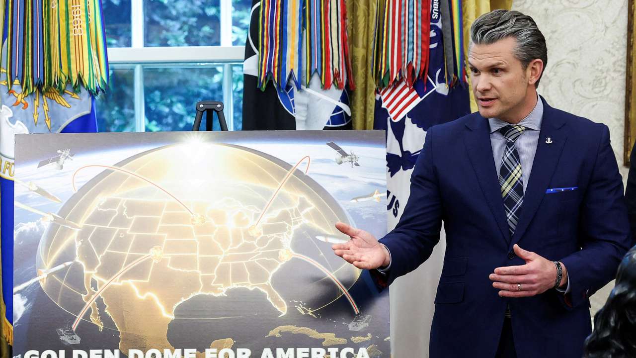FILE PHOTO: U.S. Defense Secretary Pete Hegseth speaks about Golden Dome in the White House