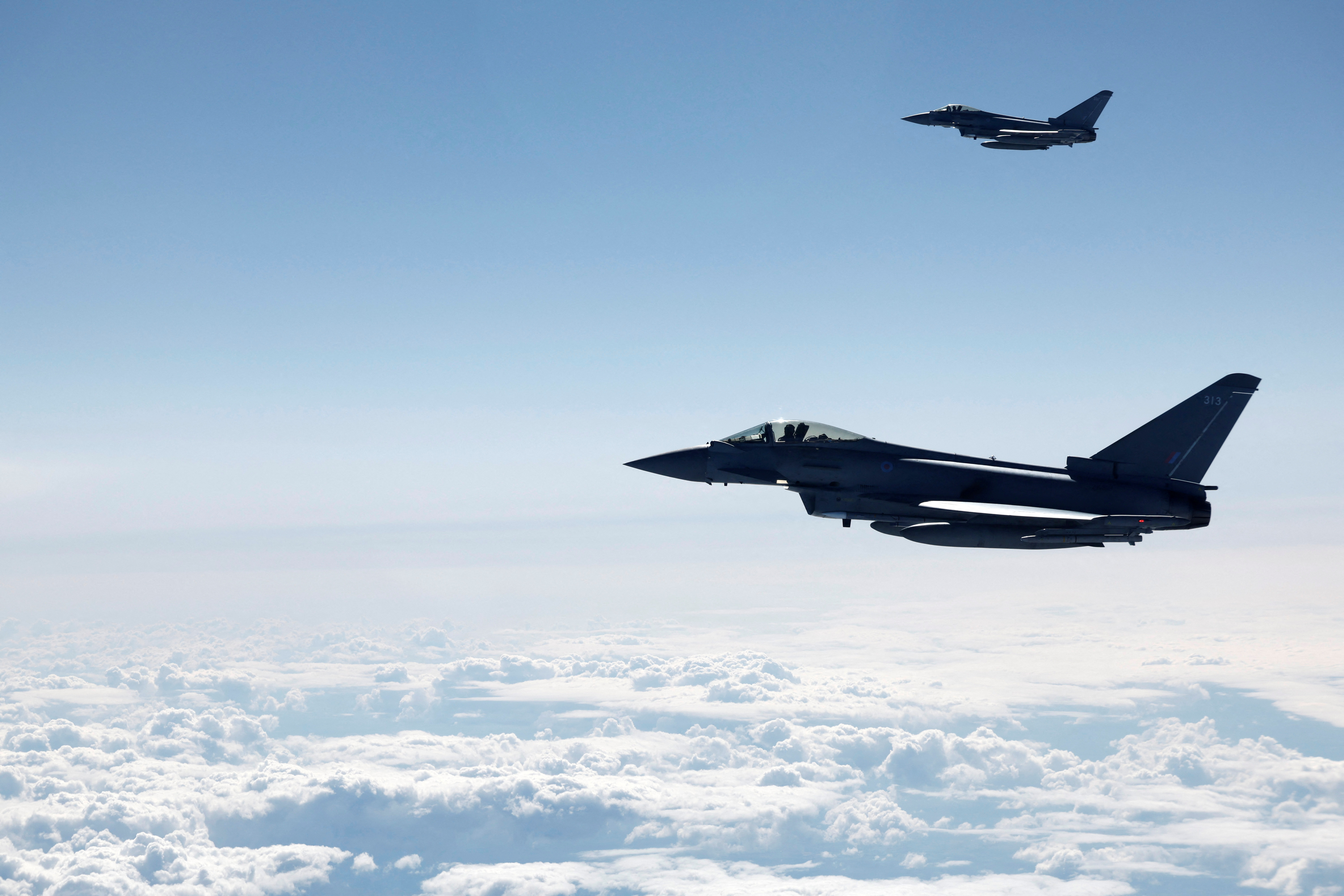 British Royal Air Force Eurofighter Typhoons fly during a media day