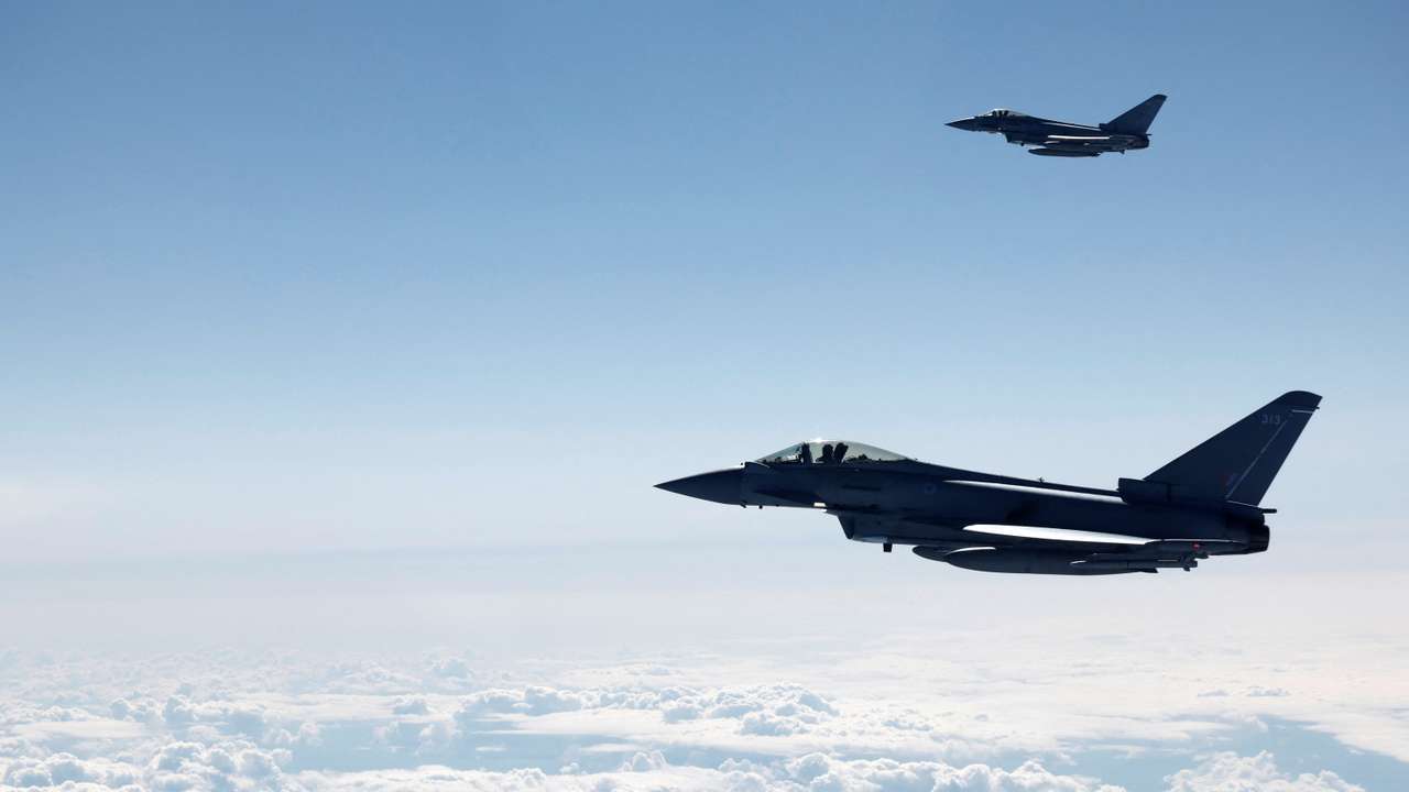British Royal Air Force Eurofighter Typhoons fly during a media day