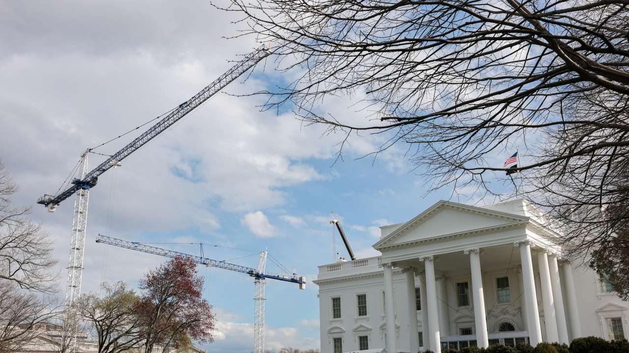 Construction cranes work on White House East Wing renovations, in Washington