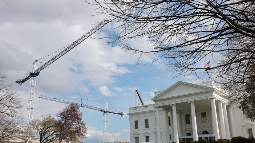 Construction cranes work on White House East Wing renovations, in Washington