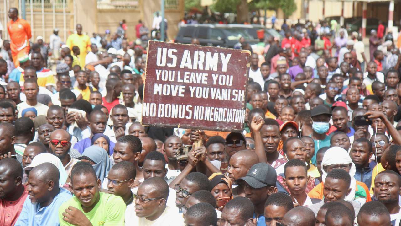 Nigeriens demonstrate to protest against the U.S. military presence in Niamey