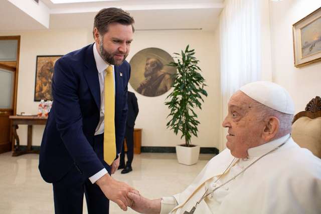 Pope Francis held his final official meeting with U.S. Vice President JD Vance on Sunday April 20, 2025. Pope Francis has died at the age of 88, the Vatican has announced on Monday April 21, 2025.The pontiff, who was Bishop of Rome and head of the Catholic Church, became pope in 2013 after his predecessor Benedict XVI resigned. His death was announced by Cardinal Kevin Farrell in a statement released by the Vatican. (JD Vance handout photo via EYEPRESS)