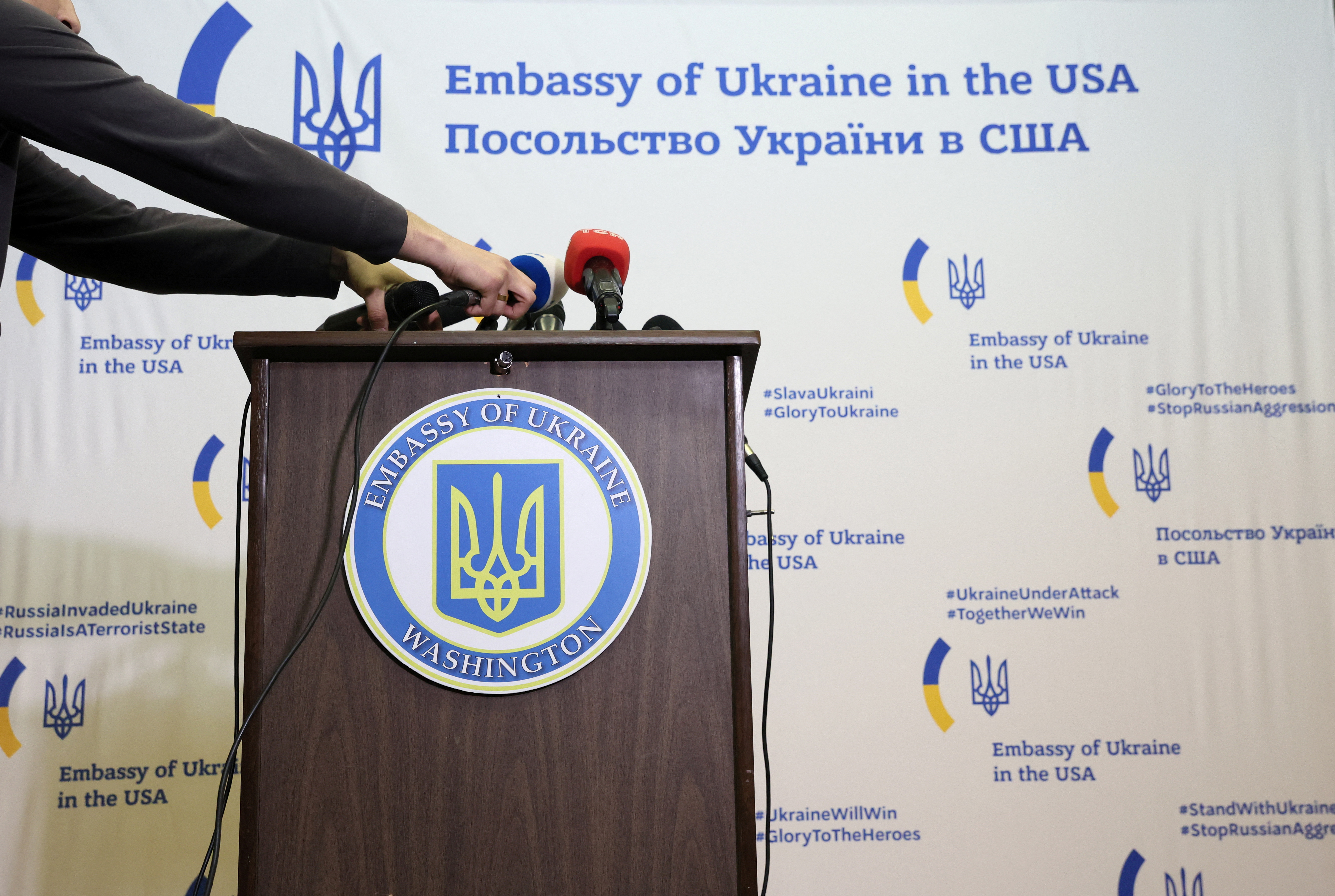 Ukraine Prime Minister Shmyhal at a news conference at the Ukrainian Embassy in Washington