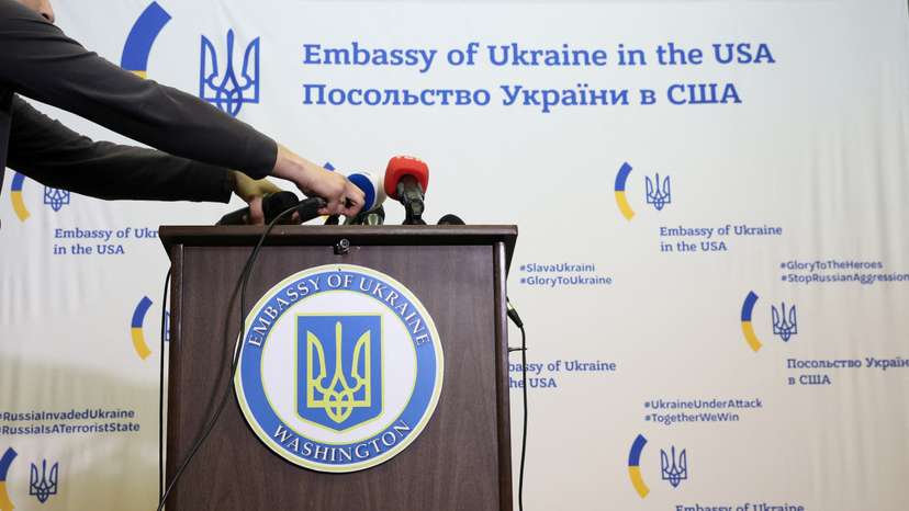 Ukraine Prime Minister Shmyhal at a news conference at the Ukrainian Embassy in Washington
