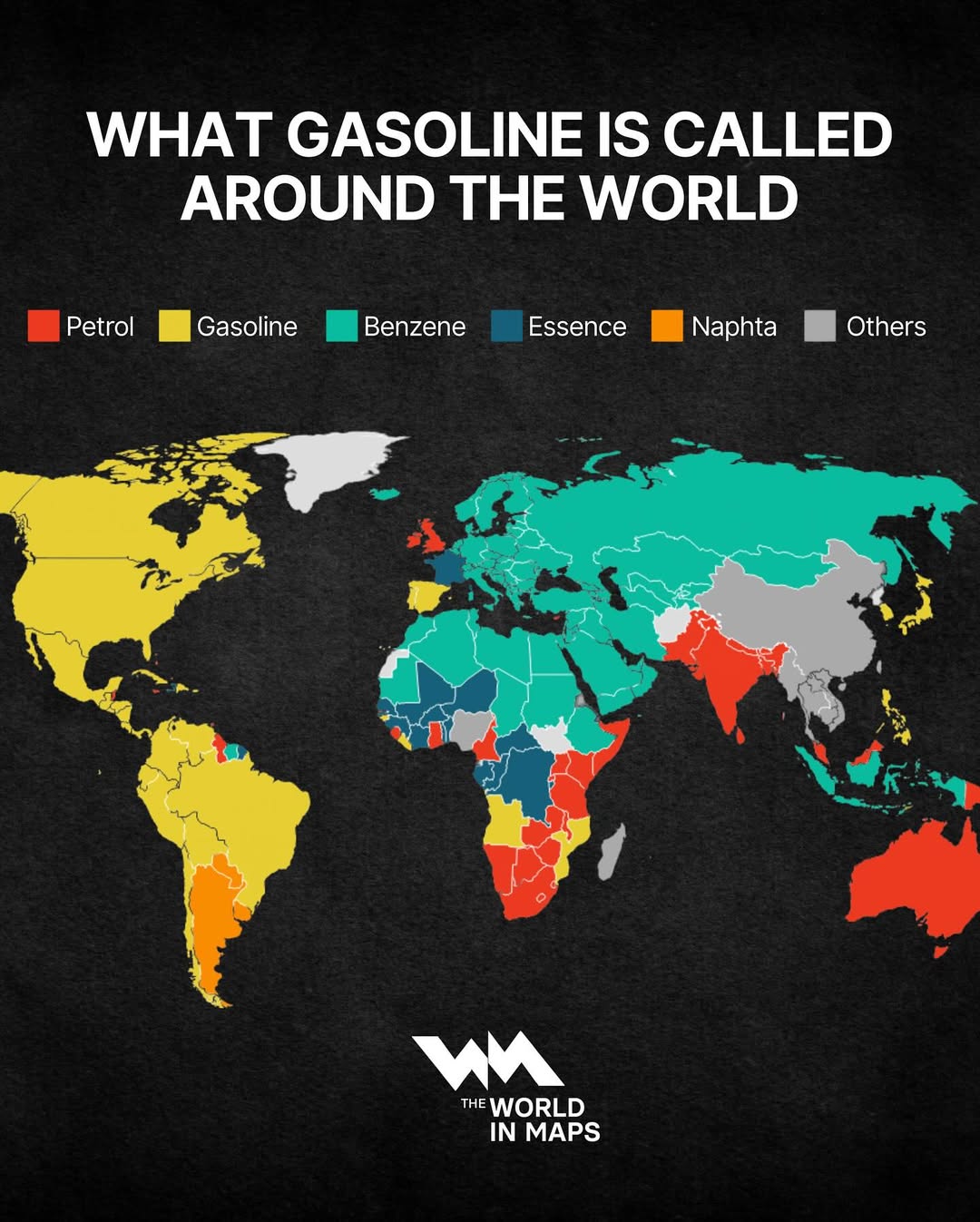 This map shows how the word for “gasoline” differs across the globe—and it says a lot about lang