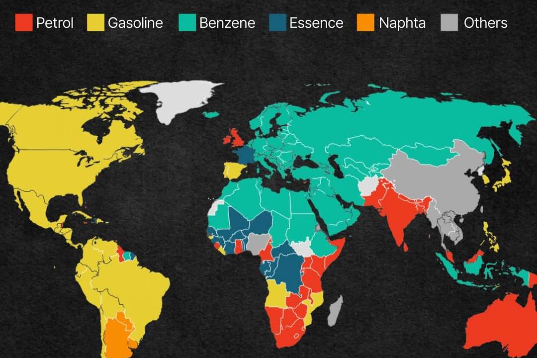 This map shows how the word for “gasoline” differs across the globe—and it says a lot about lang