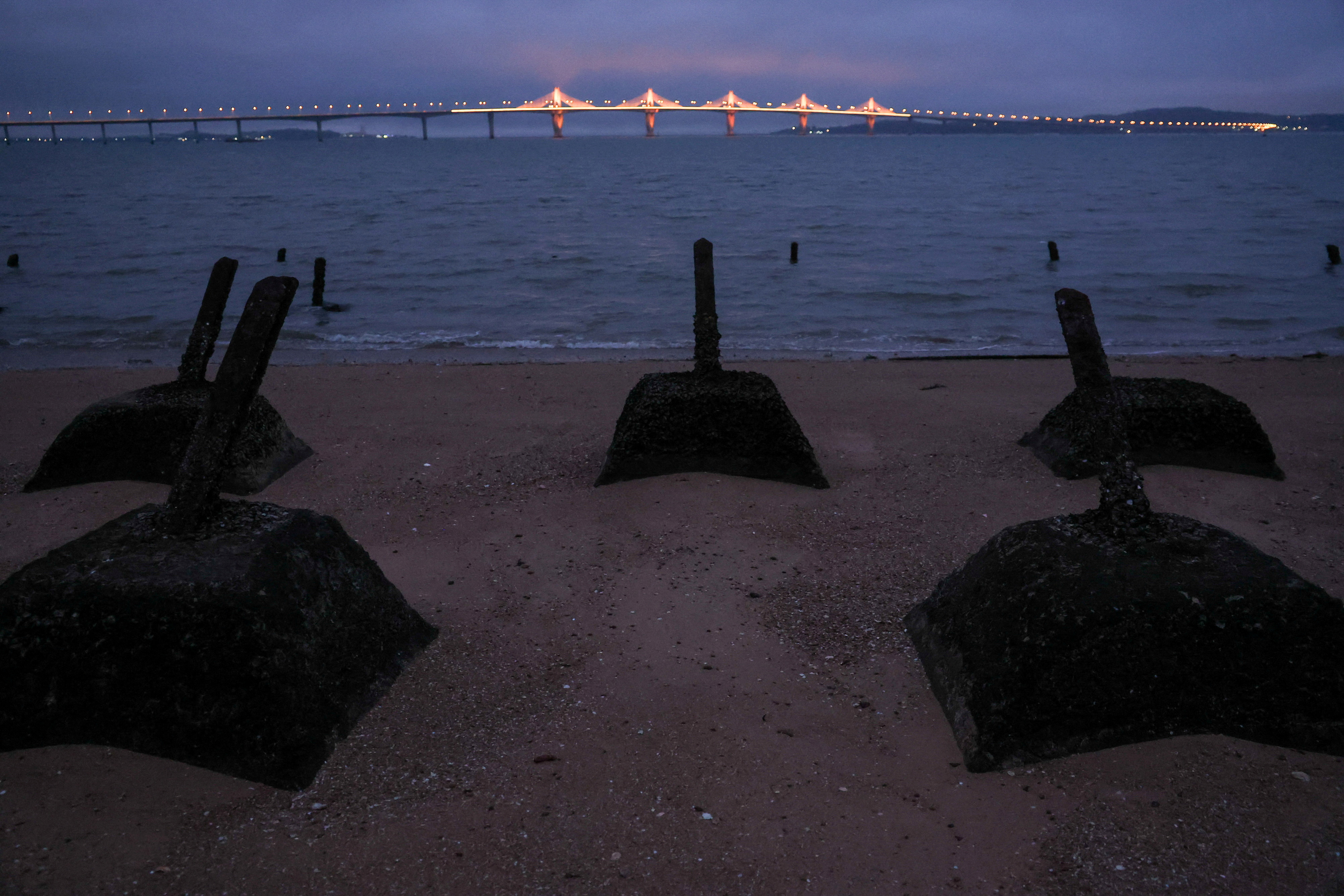 Anti-landing barricades are seen on the beach in Kinmen
