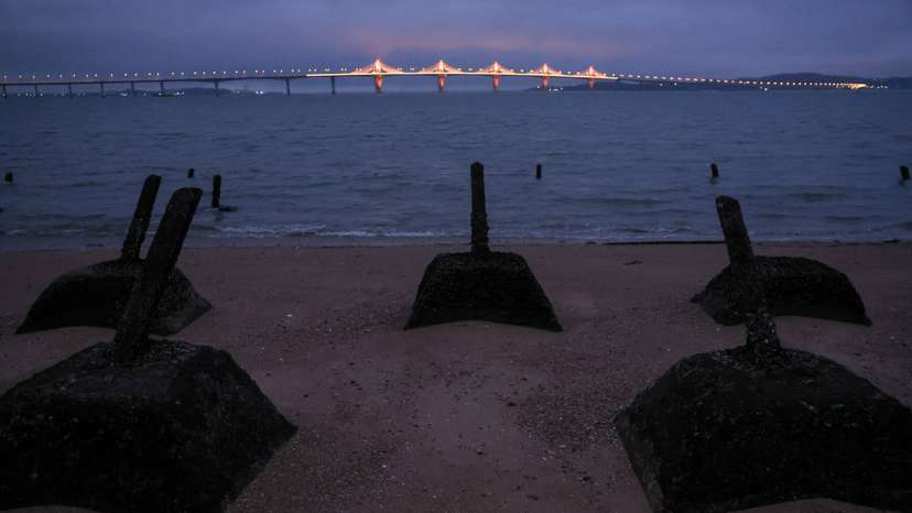 Anti-landing barricades are seen on the beach in Kinmen