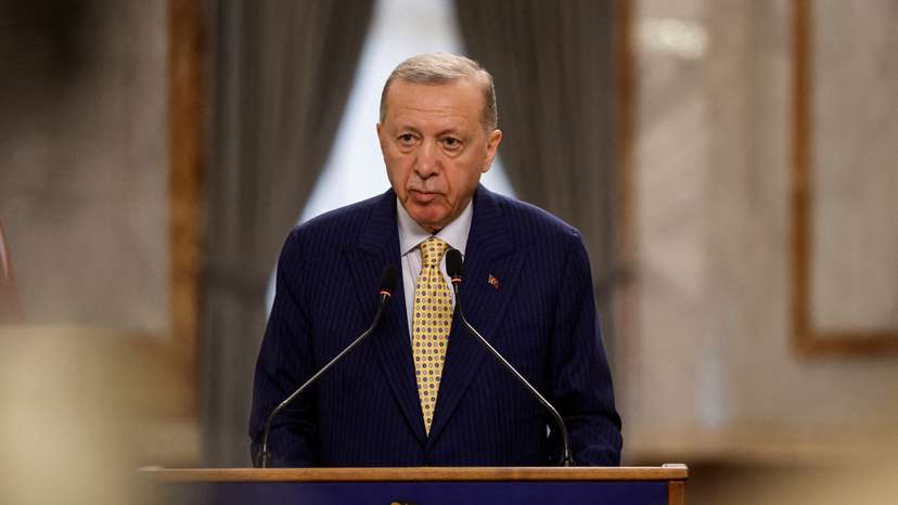 FILE PHOTO: Turkish President Tayyip Erdogan attends a press conference during his visit, in Baghdad