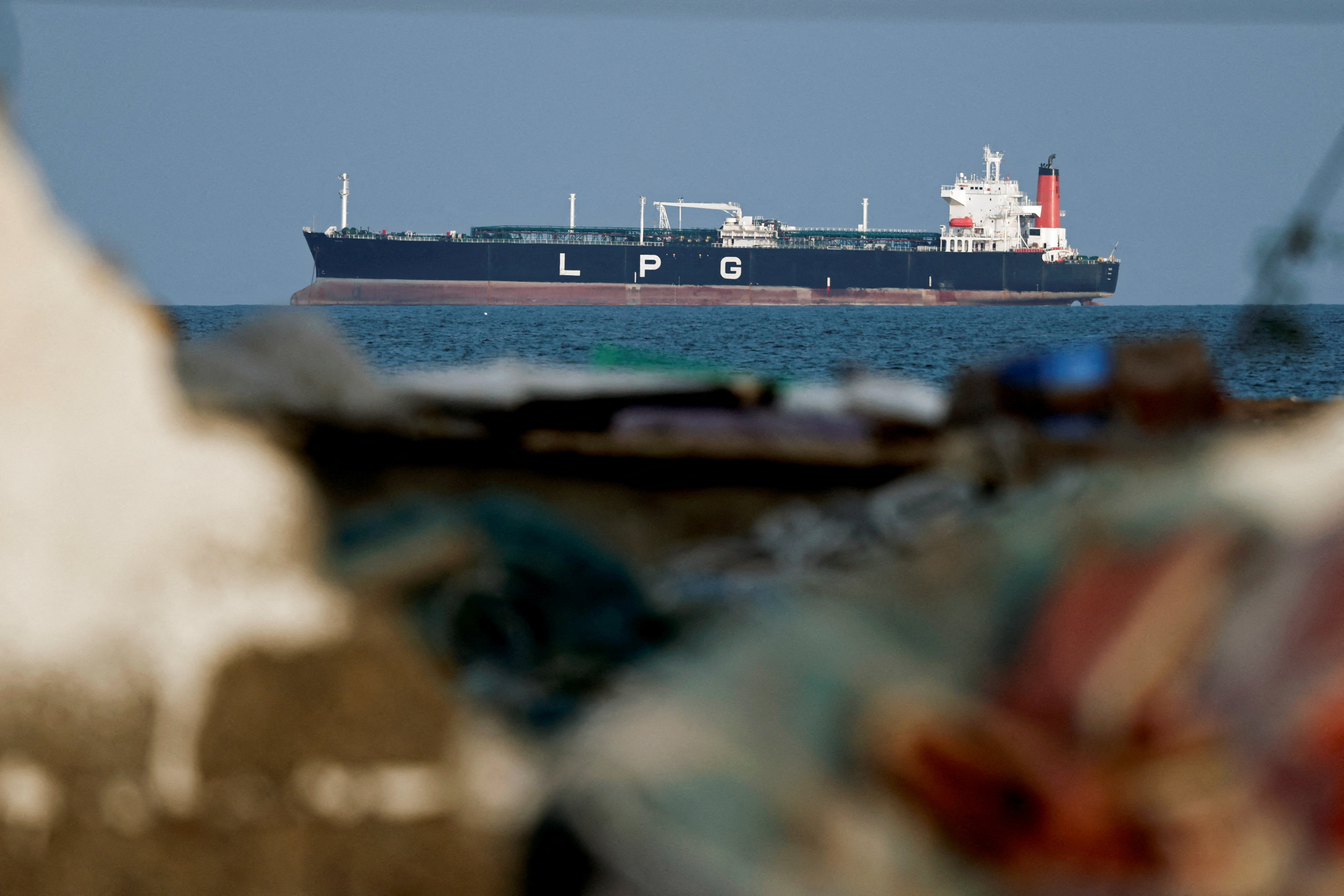 An LPG gas tanker at anchor as traffic is down in the Strait of Hormuz, in Shinas