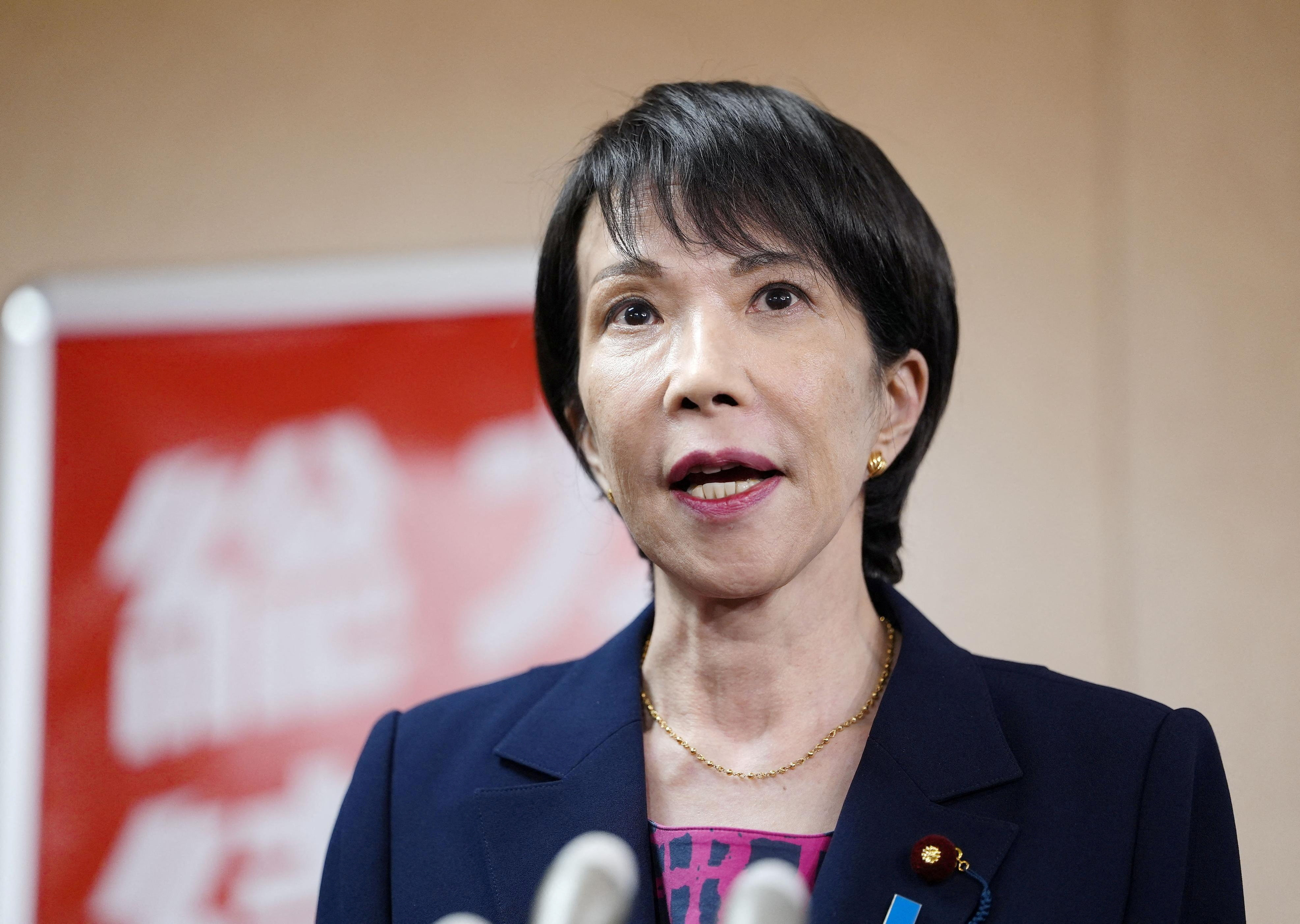 Japan's Liberal Democratic Party newly elected chief Takaichi speaks to media after a meeting with Japan's Komeito party leader Saito in Tokyo