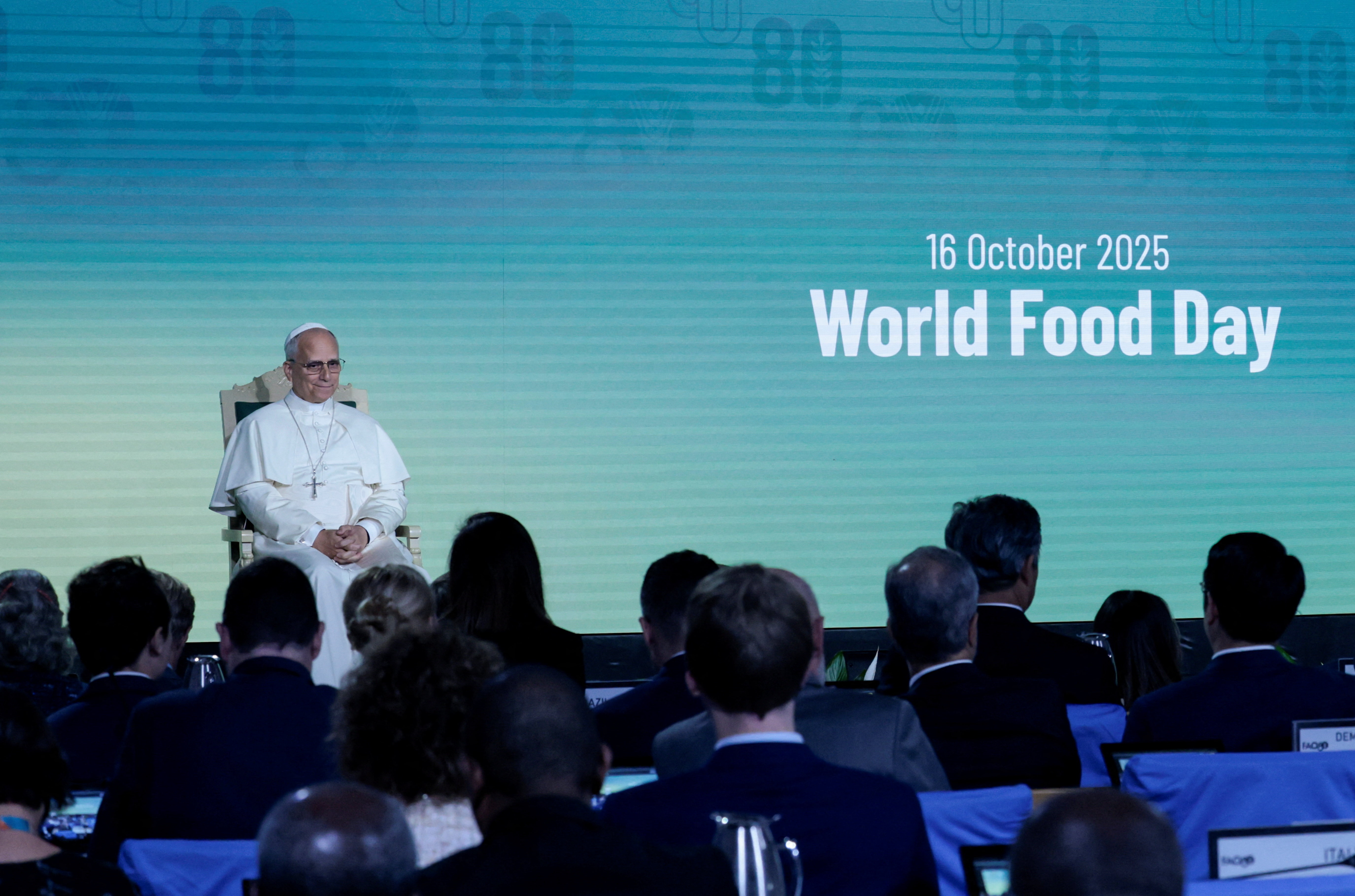 Pope Leo XIV speaks at FAO's ceremony for World Food Day in Rome