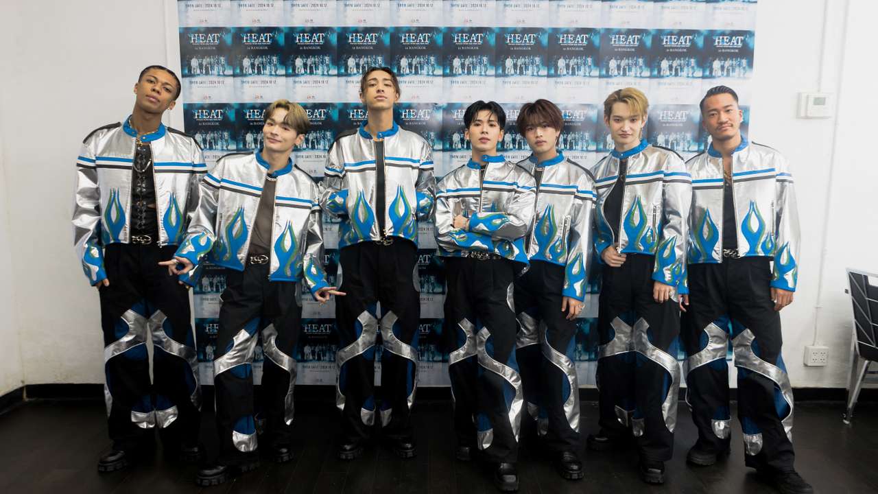 Psychic Fever band members Jimmy, Ryoga, Weesa, Kokoro, Ryushin, Ren, Tsurugi pose for a photograph during their "Heat" tour in Bangkok