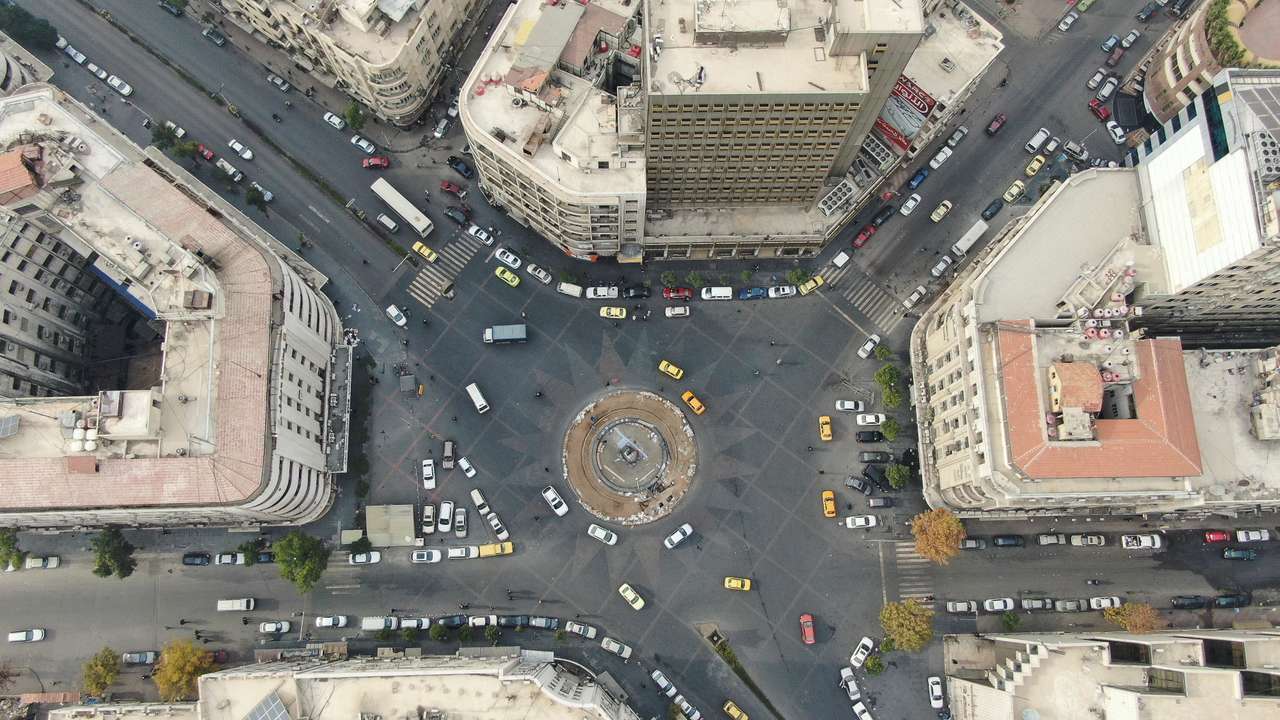 A drone view shows Yusuf al-Azma Square in Damascus