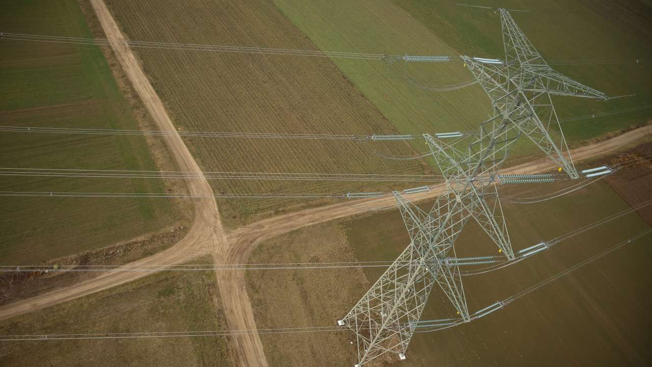 Polish transmission system operator PSE (Polskie Sieci Energetyczne) power lines are seen near Lomza